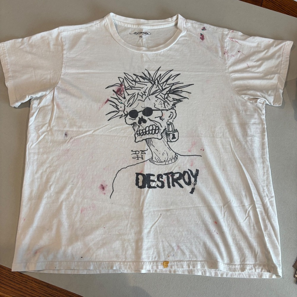 Ed Hardy Destroy Skeleton Graphic T-Shirt White XL Paint Splatter Thrashed Skull
